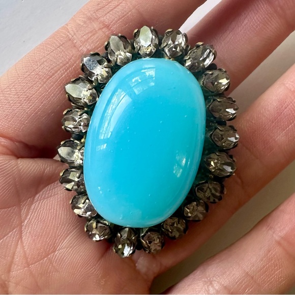Vintage 1960s French Couture Turquoise Glass Bead Rhinestone Filigree Brooch